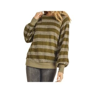 Doe & Rae Striped Sweater Women Large Olive Green Fuzzy Raglan Long Sleeve